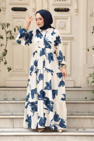 Modest İndigo Blue Floral Long Sleeve Dress 24062IM - 2