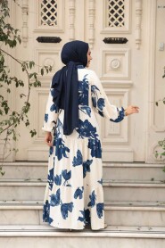 Modest İndigo Blue Floral Long Sleeve Dress 24062IM - 3