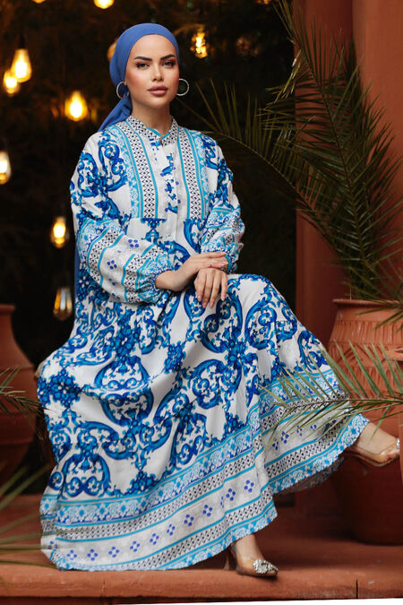 Modest İndigo Blue Floral Maxi Dress 18231IM - NEVA STYLE