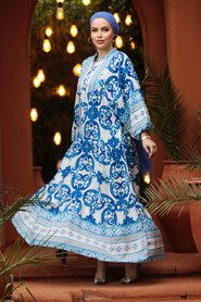 Modest İndigo Blue Floral Maxi Dress 18231IM - 2