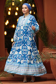 Modest İndigo Blue Floral Maxi Dress 18231IM - 3