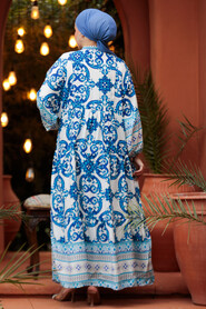 Modest İndigo Blue Floral Maxi Dress 18231IM - 5