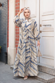 Modest İndigo Blue Floral Maxi Dress 19036IM - 2