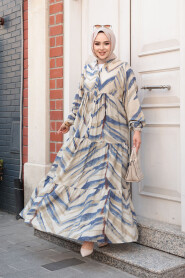 Modest İndigo Blue Floral Maxi Dress 19036IM - 1