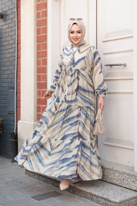 Modest İndigo Blue Floral Maxi Dress 19036IM - NEVA STYLE