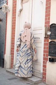 Modest İndigo Blue Floral Maxi Dress 19036IM - 3