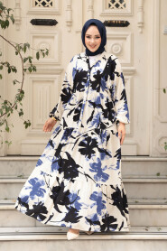 Modest İndigo Blue Floral Maxi Dress 24061IM - 1