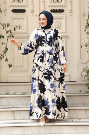 Modest İndigo Blue Floral Maxi Dress 24061IM - 2