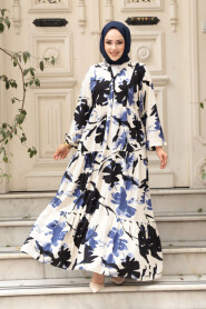 Modest İndigo Blue Floral Maxi Dress 24061IM - 3