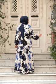 Modest İndigo Blue Floral Maxi Dress 24061IM - 4