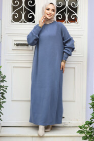 Modest İndigo Blue Knitwear Dress 30141IM - 2