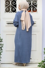 Modest İndigo Blue Knitwear Dress 30141IM - 3