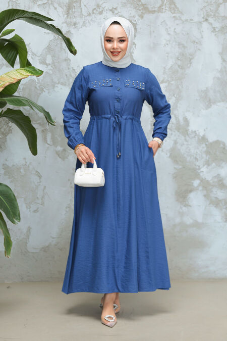 Modest İndigo Blue Long Dress 17131IM - NEVA STYLE
