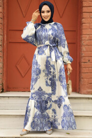 Modest İndigo Blue Long Dress 23157IM - 2