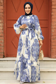 Modest İndigo Blue Long Dress 23157IM - 3