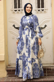 Modest İndigo Blue Long Dress 23157IM - 1