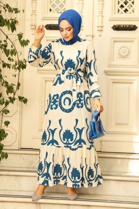 Modest İndigo Blue Long Dress 23433IM - NEVA STYLE