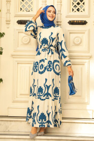 Modest İndigo Blue Long Dress 23433IM - 2