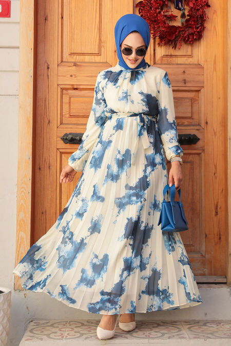 Modest İndigo Blue Long Dress 34461IM - NEVA STYLE