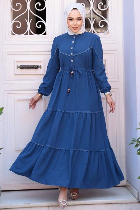 Modest İndigo Blue Long Dress 596IM - NEVA STYLE