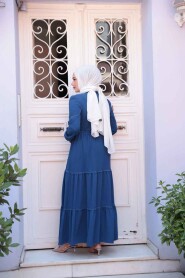 Modest İndigo Blue Long Dress 596IM - 4