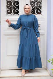 Modest İndigo Blue Long Dress 61621IM 