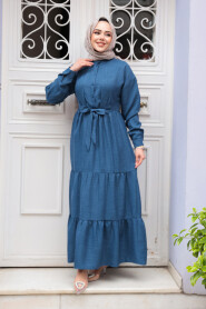 Modest İndigo Blue Long Dress 61621IM - 2