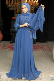 Modest İndigo Blue Long Evening Dress 52021IM - 2