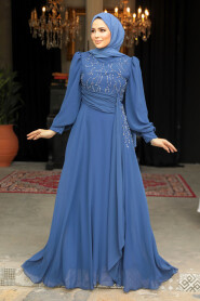 Modest İndigo Blue Long Evening Dress 52021IM - 1