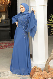 Modest İndigo Blue Long Evening Dress 52021IM - 3
