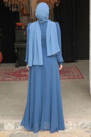 Modest İndigo Blue Long Evening Dress 52021IM - 4