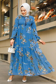 Modest İndigo Blue Long Floral Dress 22052IM - 1
