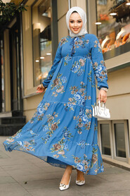Modest İndigo Blue Long Floral Dress 22052IM - 2