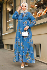 Modest İndigo Blue Long Floral Dress 22052IM - 3