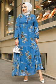 Modest İndigo Blue Long Floral Dress 22052IM - 4
