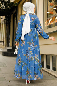 Modest İndigo Blue Long Floral Dress 22052IM - 5