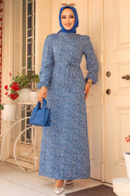 Modest İndigo Blue Long Floral Dress 6108IM - 1