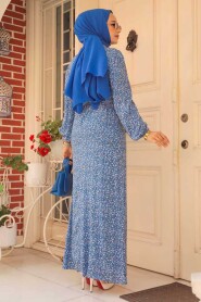 Modest İndigo Blue Long Floral Dress 6108IM - 3