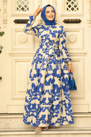 Modest İndigo Blue Long Sleeve Dress 23143IM - 2