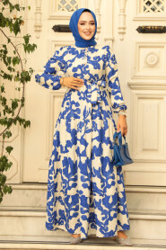 Modest İndigo Blue Long Sleeve Dress 23143IM - 1