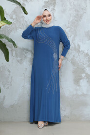 Modest İndigo Blue Long Sleeve Dress 9345IM - 2