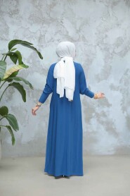 Modest İndigo Blue Long Sleeve Dress 9345IM - 3