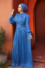 Modest İndigo Blue Long Sleeve Evening Dress 46221IM - 5