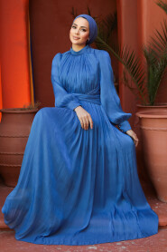 Modest İndigo Blue Long Sleeve Evening Dress 46221IM - 1