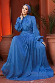 Modest İndigo Blue Long Sleeve Evening Dress 46221IM - 6