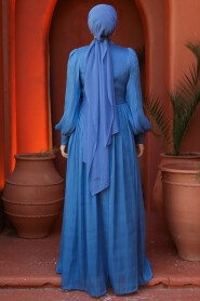 Modest İndigo Blue Long Sleeve Evening Dress 46221IM - 7