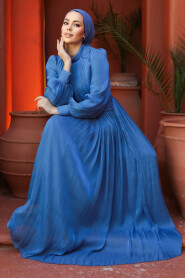 Modest İndigo Blue Long Sleeve Evening Dress 46221IM - 2