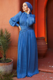 Modest İndigo Blue Long Sleeve Evening Dress 46221IM - 3