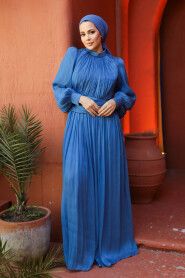 Modest İndigo Blue Long Sleeve Evening Dress 46221IM - 4