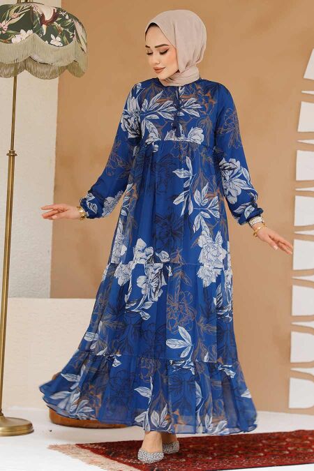 Modest İndigo Blue Long Sleeve Floral Dress 22055IM - NEVA STYLE